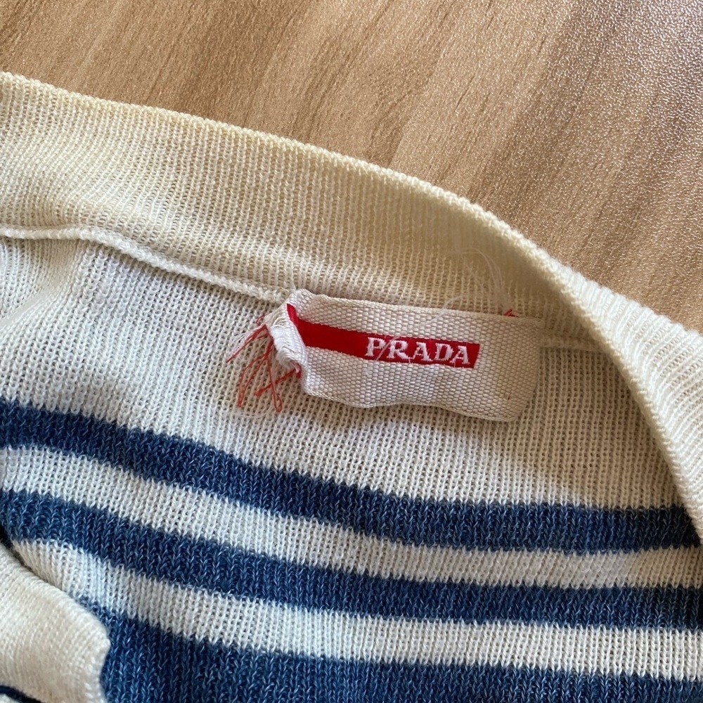 **PRADA** Navy Blue White Stripe T-shirt Blouse Size 40 Small Button Pockets - Picture 8 of 9